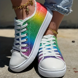 Close-up of the rainbow-colored glitter on Women's Canvas Shoes