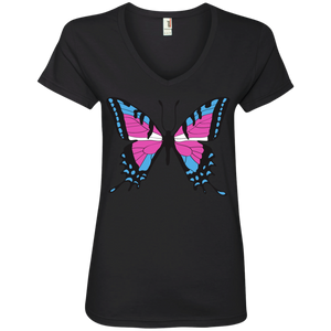 Trans Pride Butterfly black v-neck Shirt for women | Unique Design Trans Pride black Tshirt for women