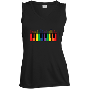 "Music Binds Love" Rainbow LGBT Pride black round neck sleeveless tshirt for women