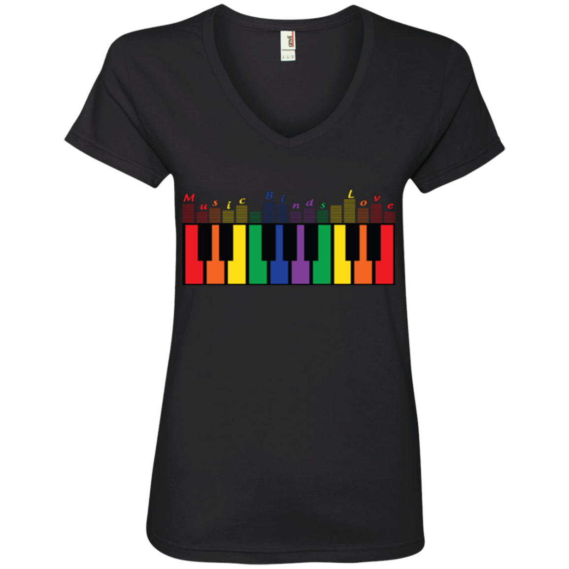 "Music Binds Love" Rainbow LGBT Pride black v-neck tshirt for women