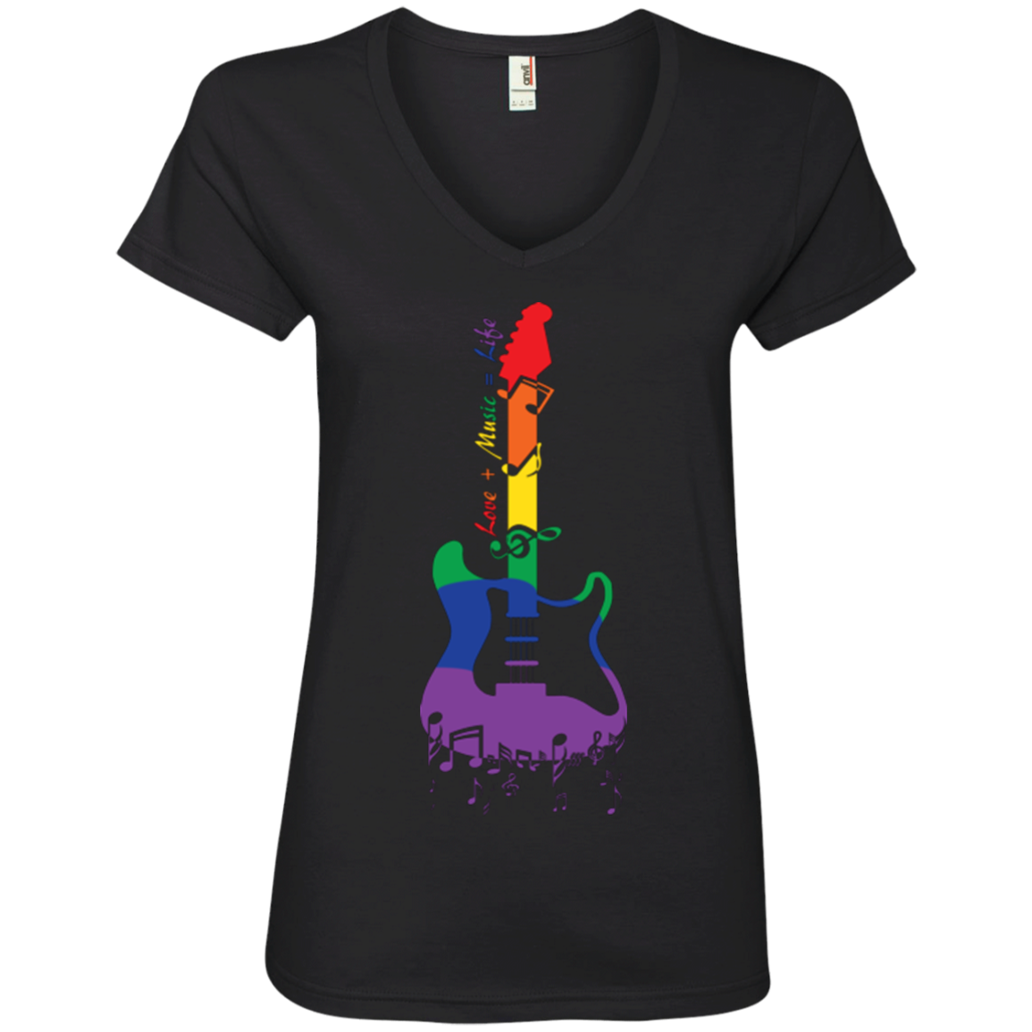 Rainbow guitar LGBT Pride black v-neck tshirt for women & music lover