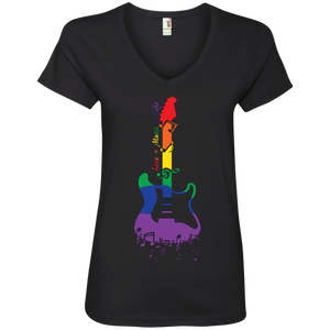 Rainbow guitar LGBT Pride black v-neck tshirt for women & music lover