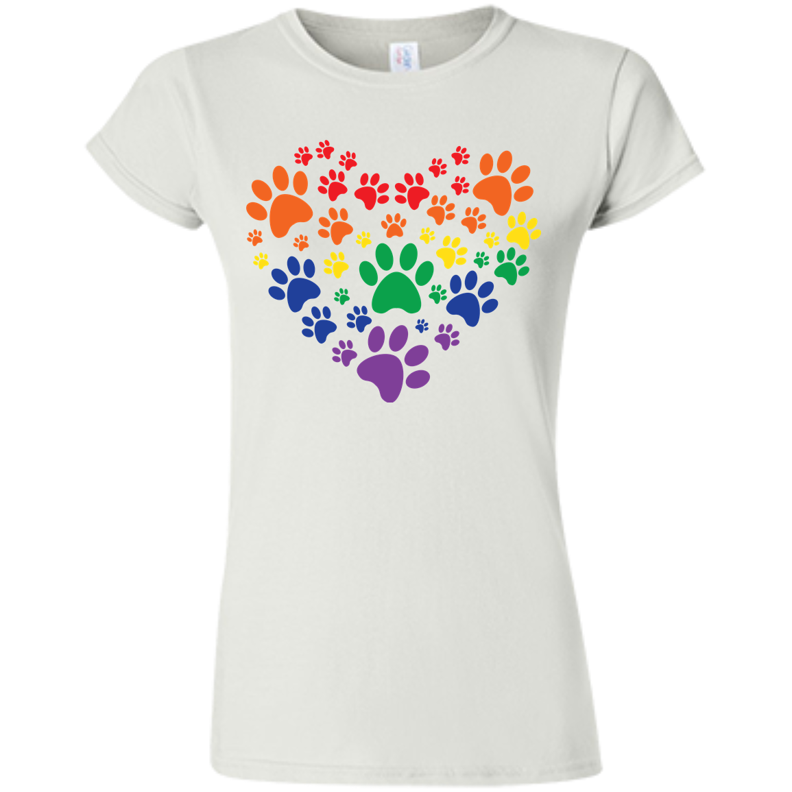 Rainbow Paw Print Love white round neck tShirt for women