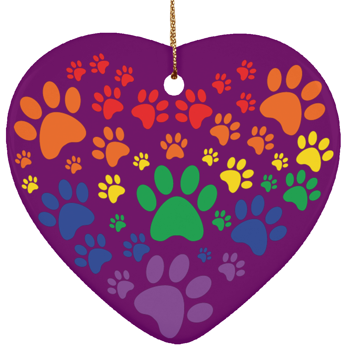 Rainbow Paw Print Love Ceramic Heart Christmas Ornament