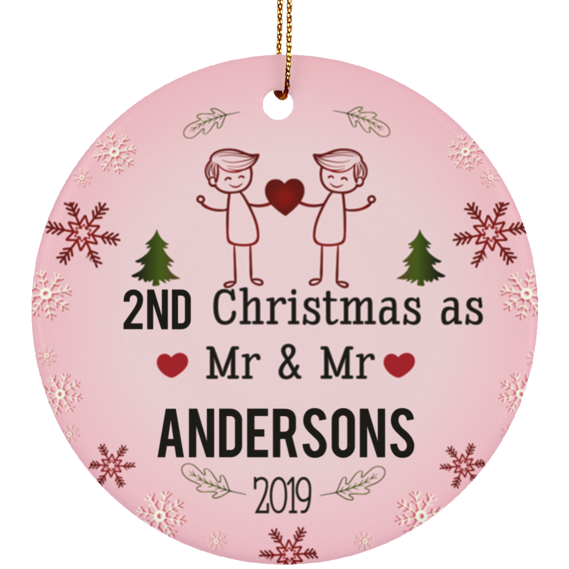 Personalized LGBT Pride Mr and Mr Ceramic Circle Christmas Ornament Gift For Gay Couple - Blue Color