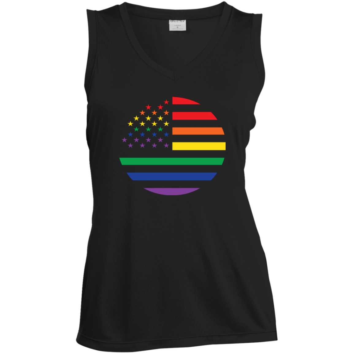 "Circular Rainbow Flag" Gay Pride Round Neck Black Color Sleev-less Double-needle neck, sleevless Roomy Ladies T-shirt