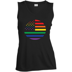 "Circular Rainbow Flag" Gay Pride Round Neck Black Color Sleev-less Double-needle neck, sleevless Roomy Ladies T-shirt