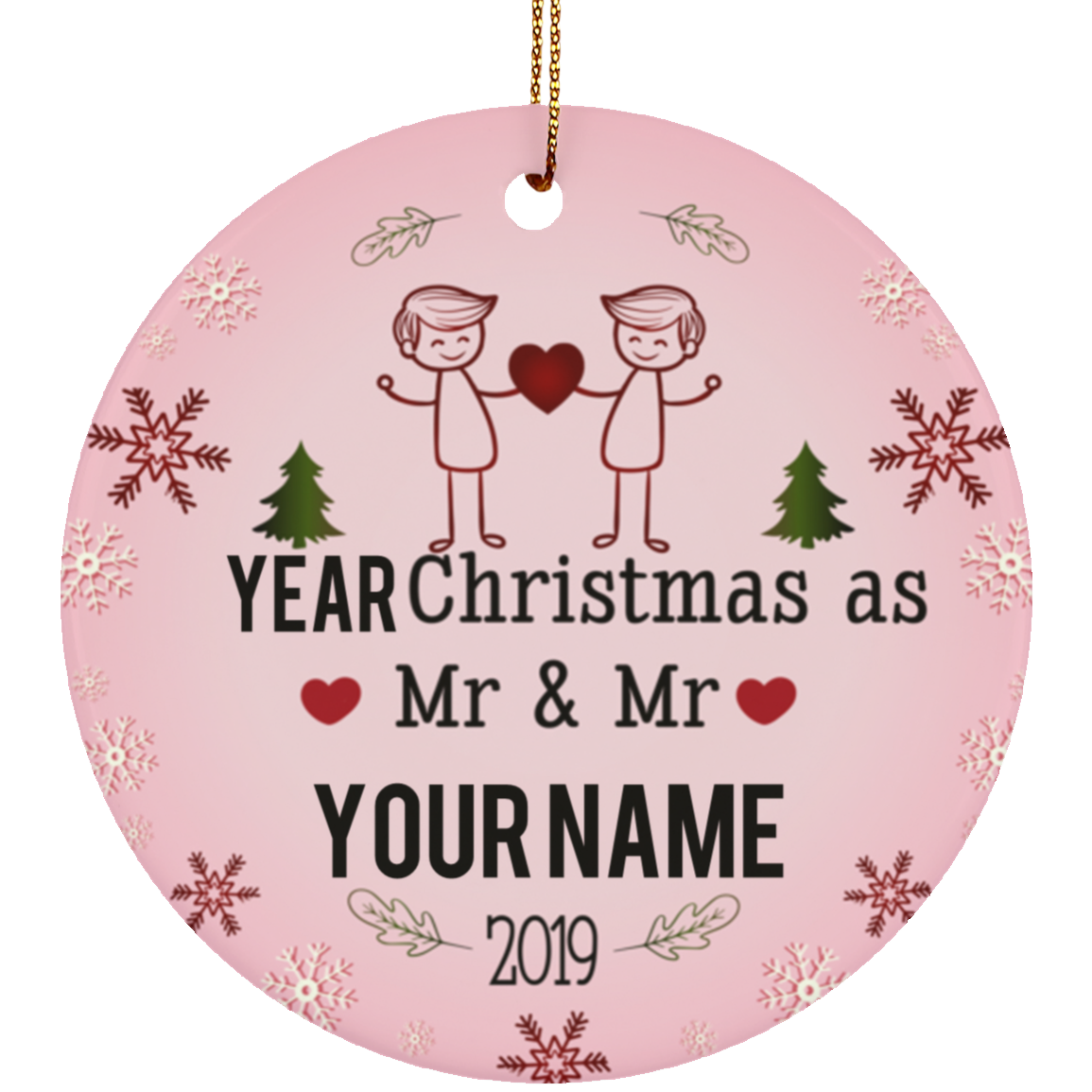 Personalized LGBT Pride Mr and Mr Ceramic Circle Christmas Ornament Gift For Gay Couple - Blue Color