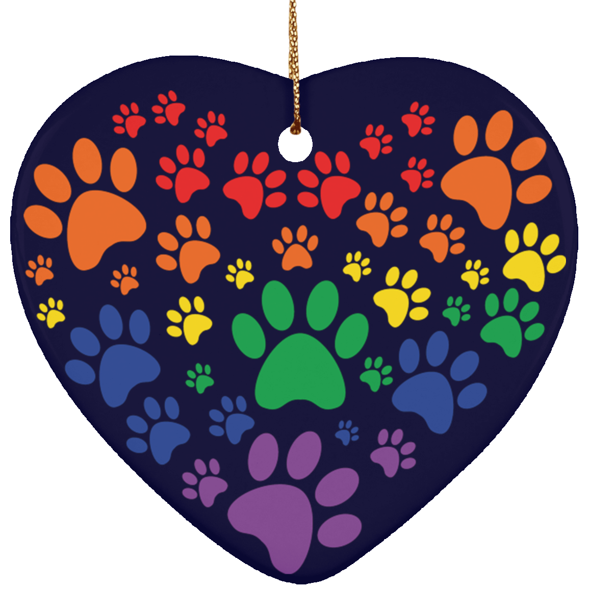 Rainbow Paw Print Love Ceramic Heart Christmas Ornament