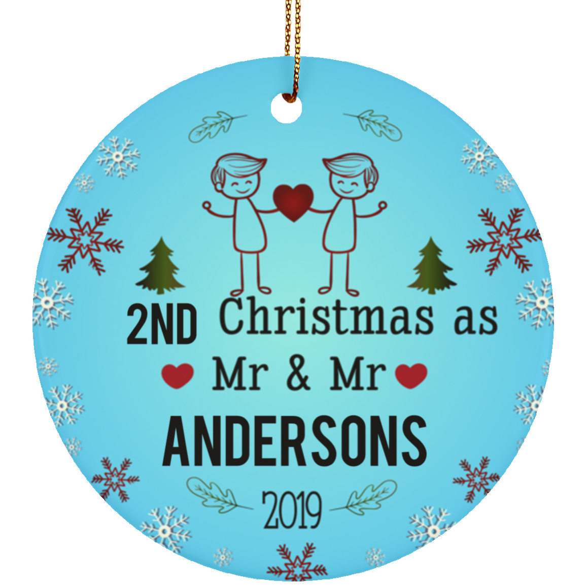 Personalized LGBT Pride Mr and Mr Ceramic Circle Christmas Ornament Gift For Gay Couple - Blue Color