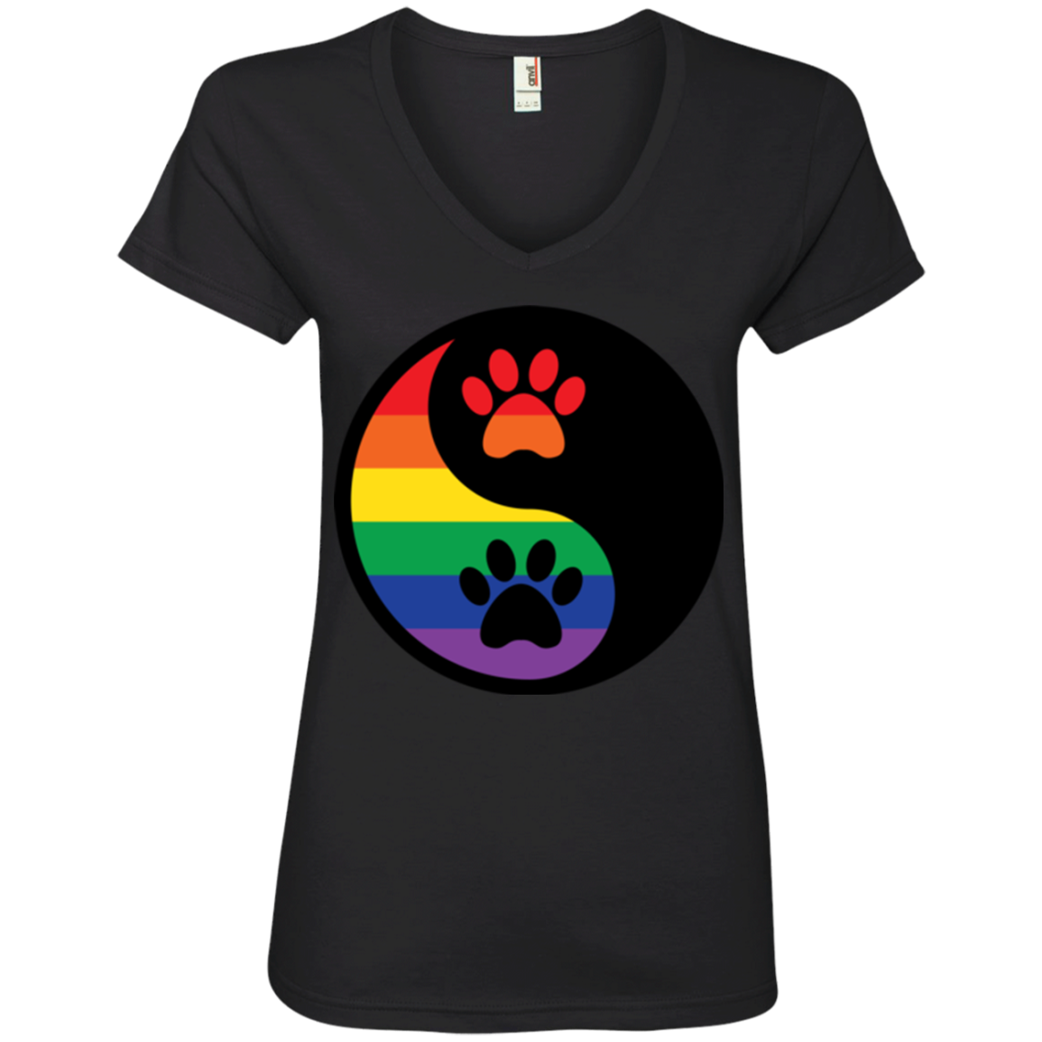 Rainbow Paw Yin Yang Pet black v-neck Shirt For women LGBT Pride Black v-neck Tshirt for Women