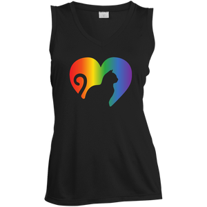 Rainbow Cat Heart LGBT Pride black sleeveless tshirt for womens | Affordable LGBT black v-neck tshirt for pet lovers