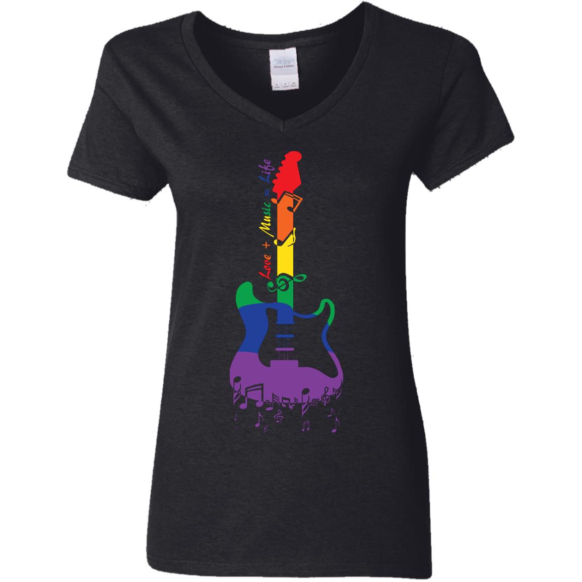 Rainbow Guitar "Love + Music = Life" Pride T Shirt