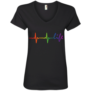 Rainbow Life Heartbeat Black v-neck T-Shirt for women LGBT Tshirt for Women 