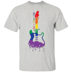 Rainbow Guitar "Love + Music = Life" Pride grey T Shirt for music lover 