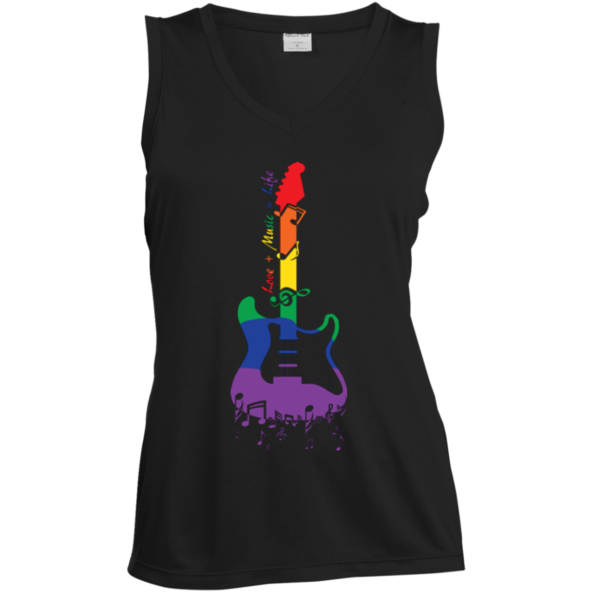 Rainbow guitar LGBT Pride black sleeveless  tshirt for women & music lover