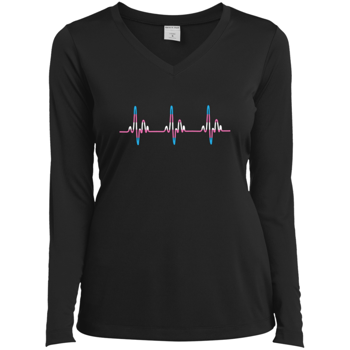 Trans Pride black full sleeves v-neck Tshirt for women Trans Heartbeat black full sleeves v-neck Tshirt for women