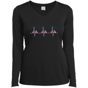 Trans Pride black full sleeves v-neck Tshirt for women Trans Heartbeat black full sleeves v-neck Tshirt for women