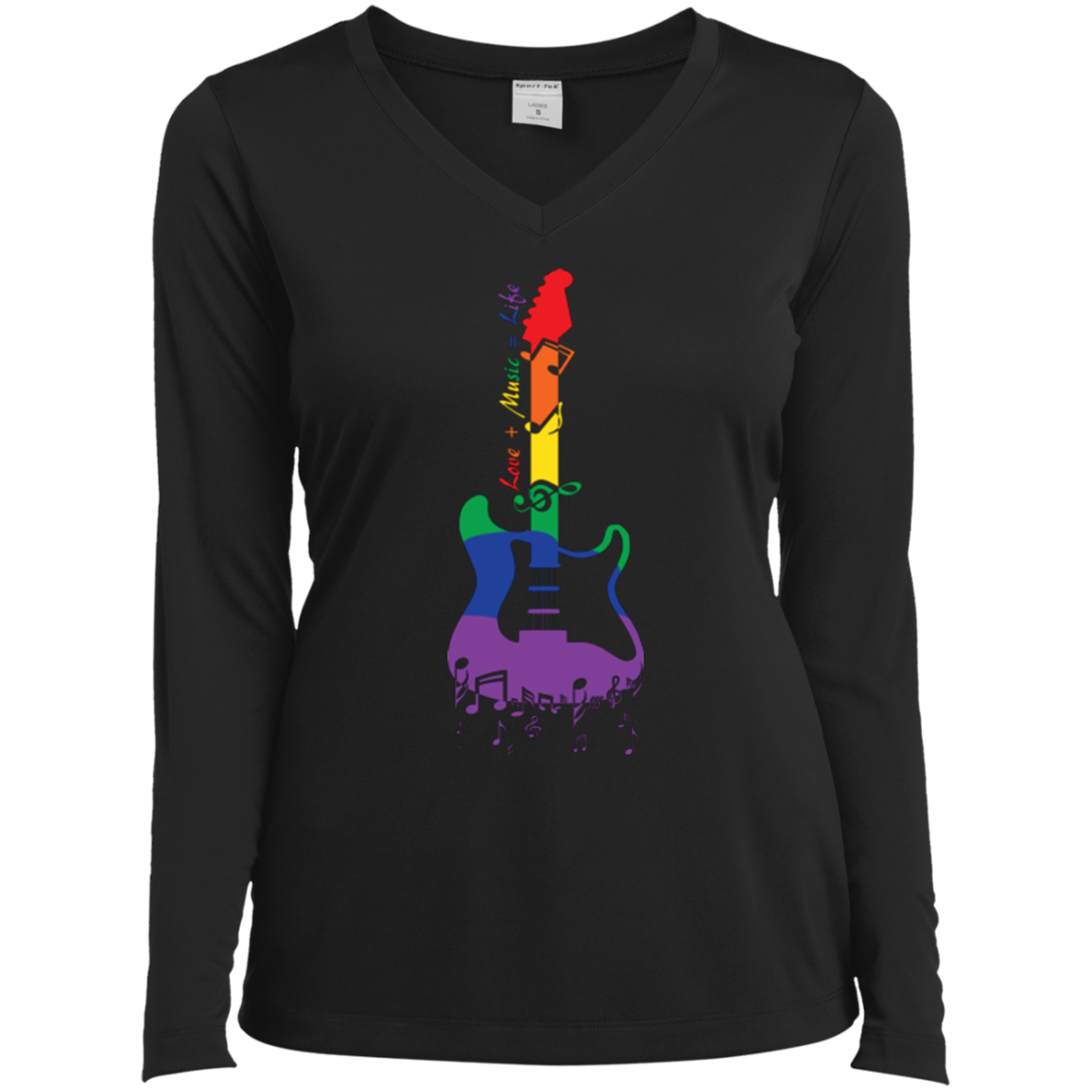 Rainbow guitar LGBT Pride black full sleeves v-neck tshirt for women & music lover