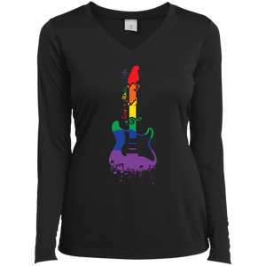 Rainbow guitar LGBT Pride black full sleeves v-neck tshirt for women & music lover