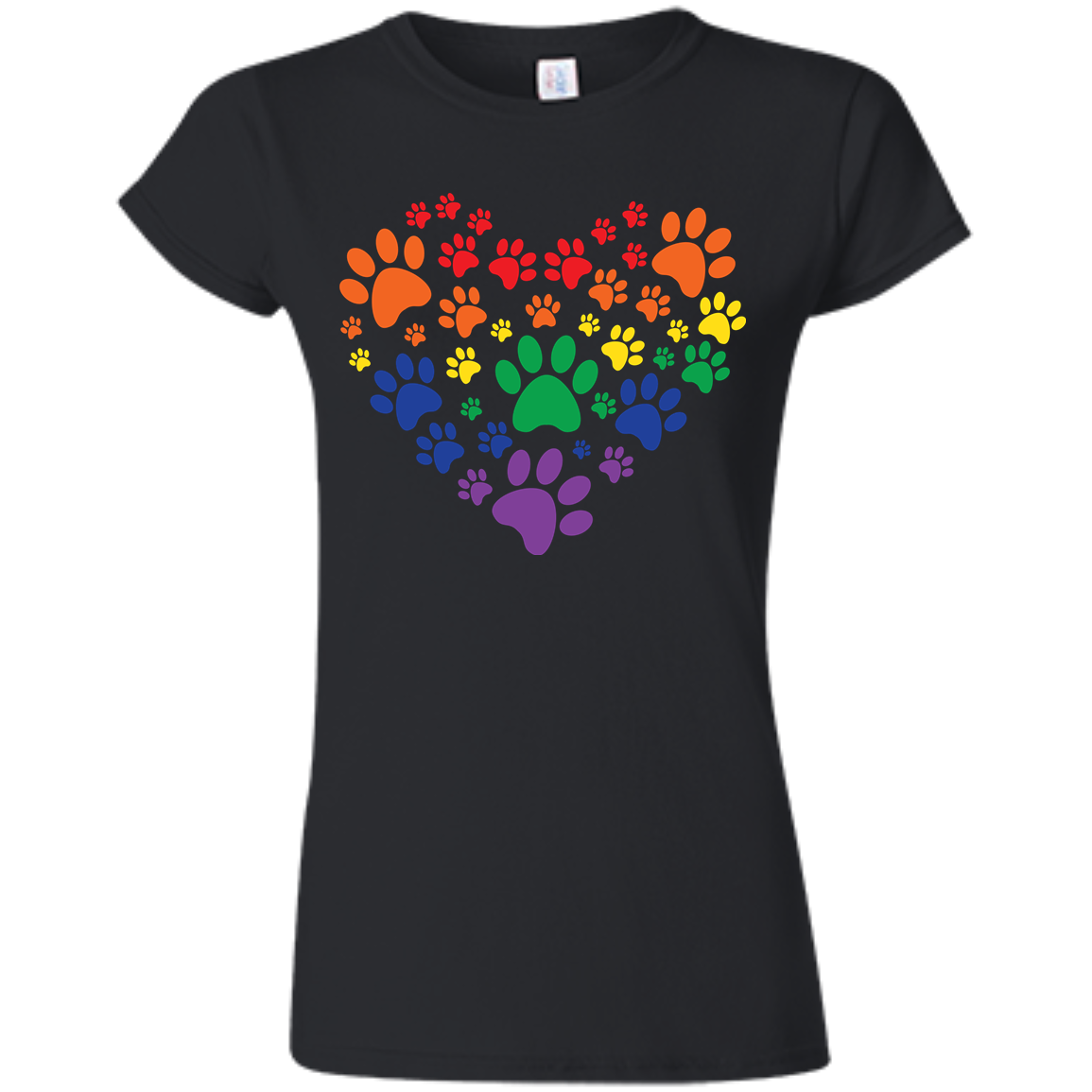 Rainbow Paw Print Love black round neck TShirt for women