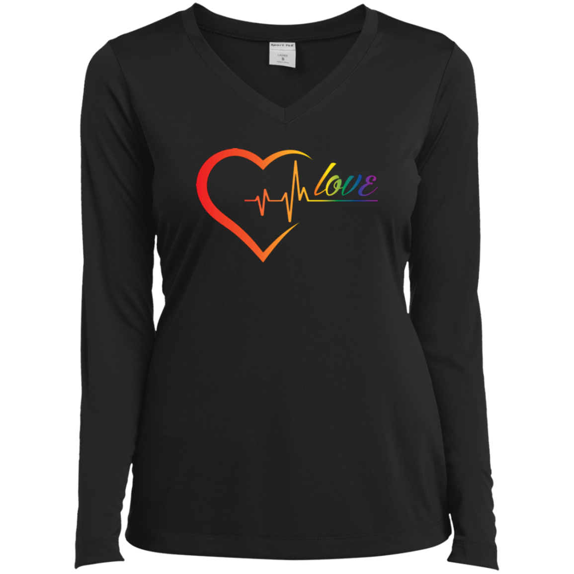 Rainbow Heartbeat Love Shirt Gay Pride black v-neck full sleeves tshirt for women