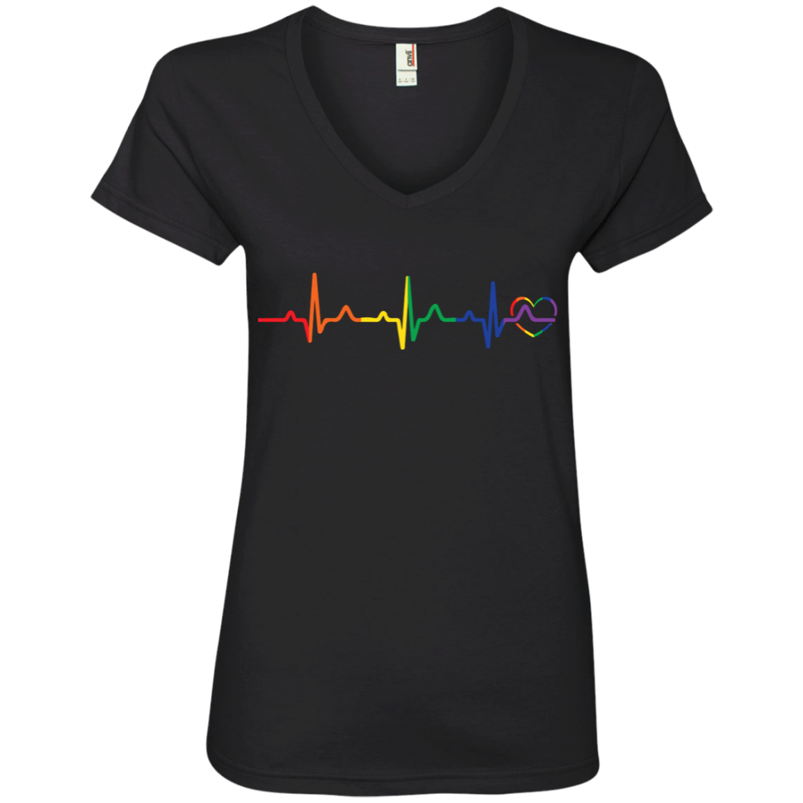 Rainbow Heartbeat black color v-neck LGBT Pride tshirt for women