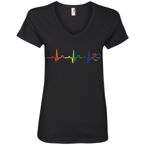 Rainbow Heartbeat black color v-neck LGBT Pride tshirt for women