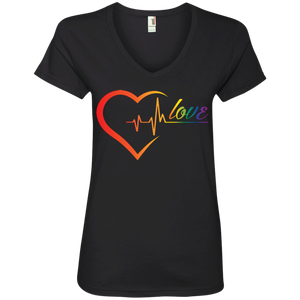 Rainbow Heartbeat Love Shirt Gay Pride black v-neck tshirt for women