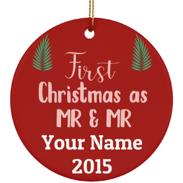 LGBT Pride Special - First Christmas As Mr and Mr Ceramic Circle Ornament Gift For Married Gay Couple, Unique Christmas Ornament