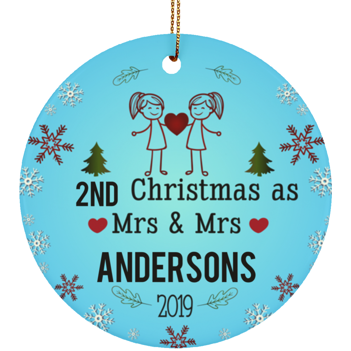 Personalized LGBT Pride Mrs and Mrs Ceramic Circle Christmas Ornament Gift For Lesbian, Gay Couple - Pink Color