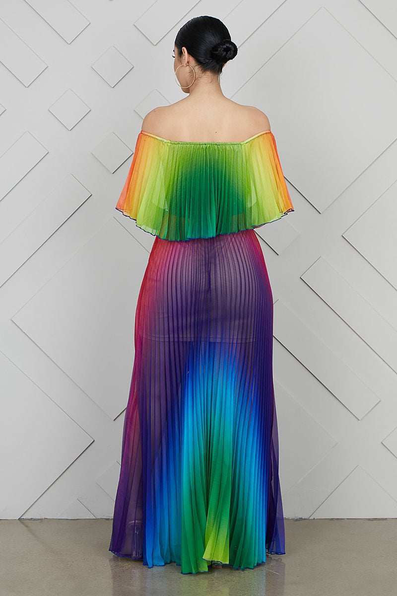 Off Shoulder Rainbow Color Elegant Women Dress Chiffon Summer Maxi Dress  A-line Floor Length Femme Pleated Dress